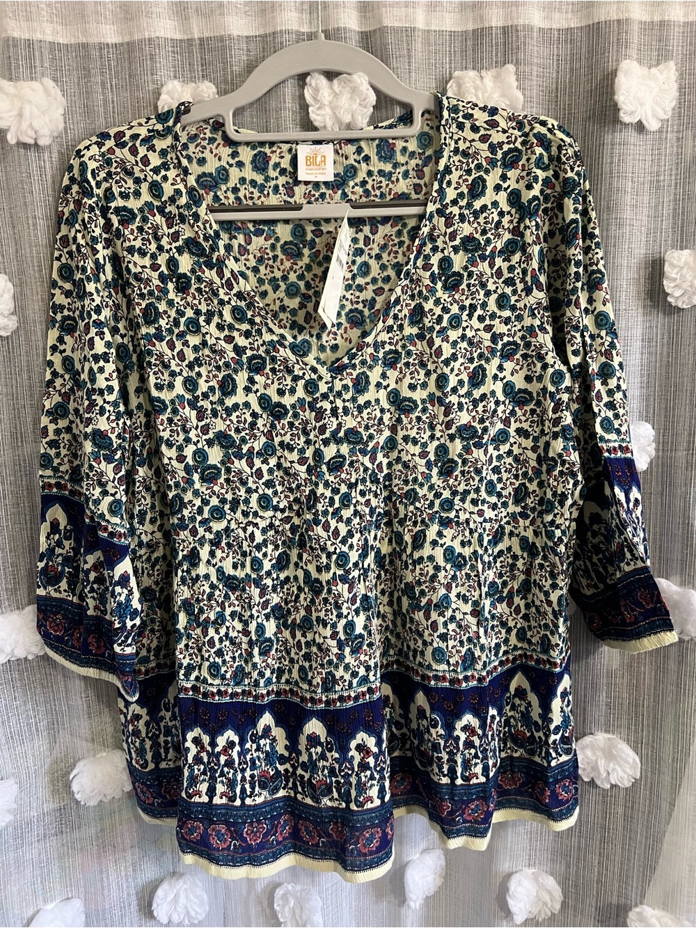 Bila Cream Floral V-Neck Tunic with Blue Border